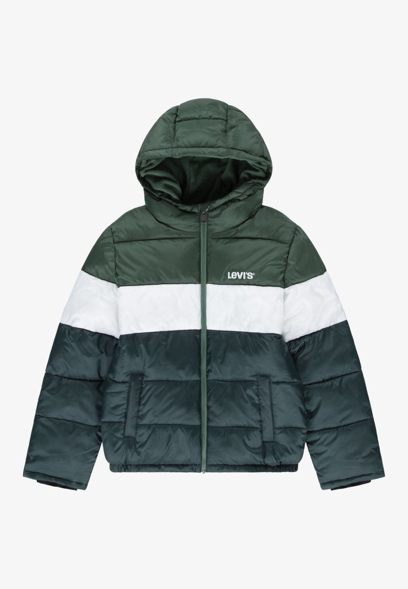 Gevoerde groene en witte hooded jas met een ritssluiting aan de voorkant, contrasterende panelen en zijzakken. Gemaakt van glanzende, gladde stof.