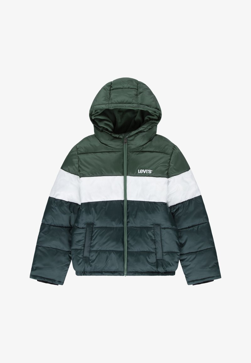 Padded green and white hooded jacket with a zip front, contrasting panels, and side pockets. Made of glossy, smooth fabric.