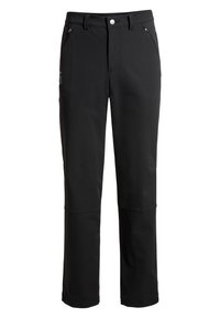 Pantaloni outdoor neri in materiale softshell, con tasca con cerniera, passanti per cintura e design a gamba dritta.