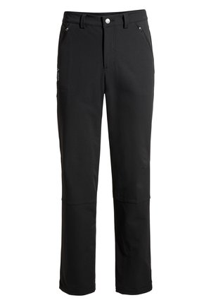 Zwarte outdoorbroeken van softshellmateriaal, met een ritszak, riemlussen en een recht model.
