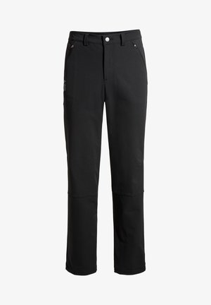 Zwarte outdoorbroeken van softshellmateriaal, met een ritszak, riemlussen en een recht model.