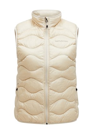 Gilet imbottito senza maniche beige con colletto alto, caratterizzato da un design trapuntato ondulato, chiusura frontale con zip e due tasche laterali.