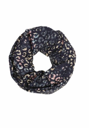 Dunkelblauer runder Schal mit mehrfarbigem Leopardenmuster in Rosa-, Beige- und Hellblautönen auf weißem Hintergrund.