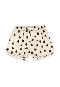 Short en tissu crème à la coupe ample avec des taches noires irrégulières, doté d'une taille élastique.