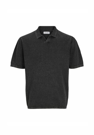Schwarzes Denim-Polohemd mit V-Ausschnitt, kurzen Ärmeln und kontrastierenden Nähten. Es hat einen klassischen Kragen und eine lockere Passform.