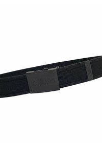 Cintura in tessuto intrecciato nero con fibbia metallica piatta impressa con la scritta "BIG STAR". Presenta una superficie texture e un meccanismo di chiusura sicuro.