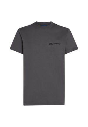 Sötétszürke, rövid ujjú, kerek nyakú póló, bal mellrészen fekete színű "KARL LAGERFELD JEANS" logóval.
