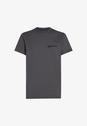 Czarnoszary krótkosleeve’owy t-shirt z okrągłym dekoltem, z małym nadrukiem "KARL LAGERFELD JEANS" w kolorze czarnym na lewej piersi.
