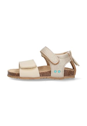 Beige sandaal met een gemêleerde glittersluiting, verstelbare klittenband, kurken zool en turquoise decoratieve accenten.