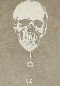 Tela beige con un gráfico de una calavera blanca con texturización detallada, entrelazada con las letras "O" y "G", creando un efecto visual impactante.