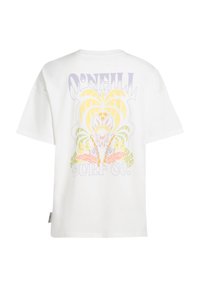 White cotton t-shirt featuring a large multicolored graphic on the back with tropical designs and the text "O'Neill Surf Co." in purple.