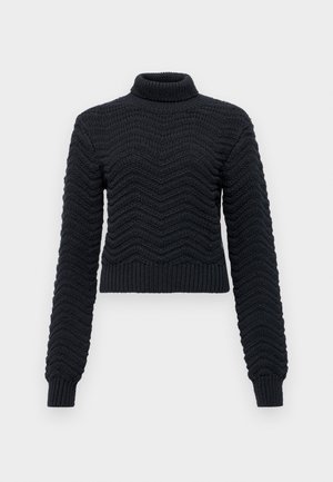 Sweter z golfem wykonany z dzianiny w ciemno-nawiewnym kolorze, z wyraźną strukturą w zygzak, długimi rękawami oraz ściągaczem na dole i przy mankietach zapewniającym pewne dopasowanie.