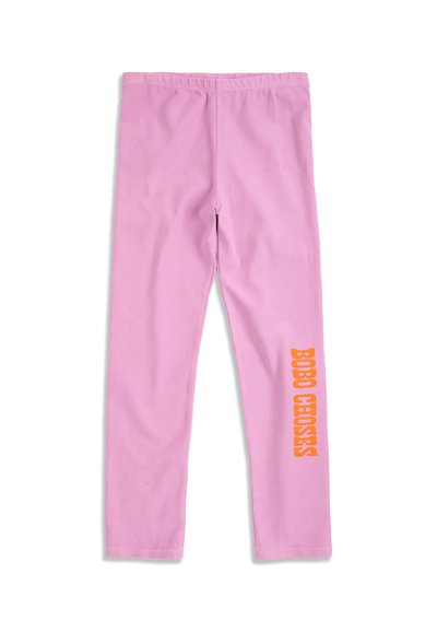 Pink child-sized leggings with an elastic waistband and orange text reading "BOBO CHOSES" on the right leg.