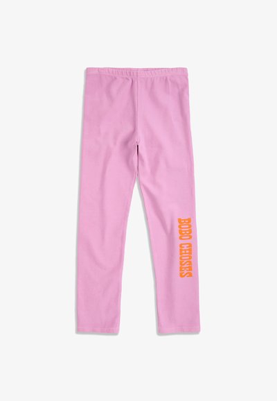 Pink child-sized leggings with an elastic waistband and orange text reading "BOBO CHOSES" on the right leg.