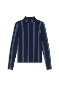Donkerblauwe langemouw turtleneck met horizontale lichtblauwe strepen. Gladde textuur, aansluitende pasvorm en geribbelde halslijn.
