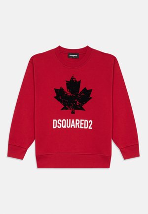 Sudadera roja con un gráfico negro de una hoja de arce y el texto "DSQUARED2" en blanco. Confeccionada en una tela suave con puños y cuello de canalé.