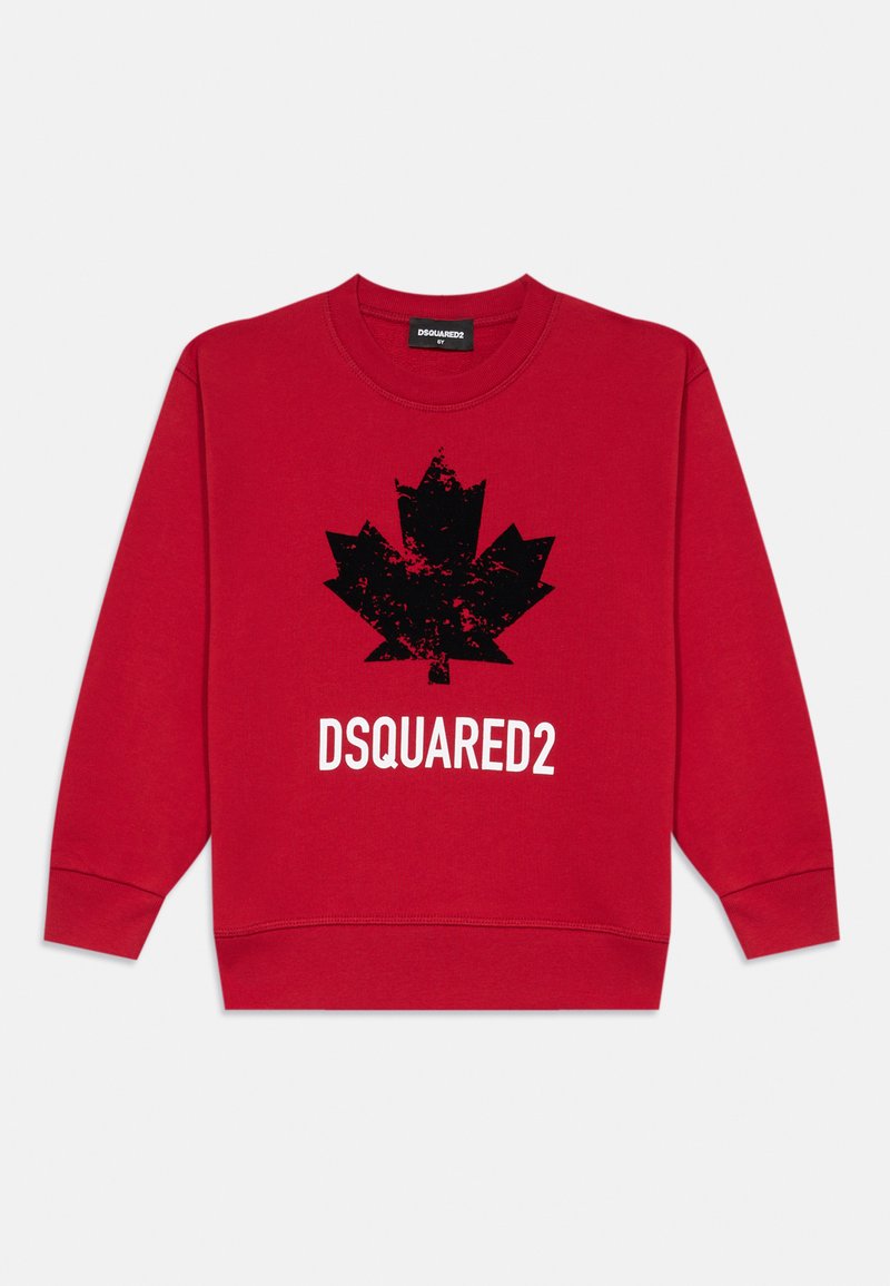 Sarkans džemperis ar melnu grafiku kļavu lapas attēlam un "DSQUARED2" tekstu baltā krāsā. Izgatavots no mīksta auduma ar ribotām aprocēm un apkakli.
