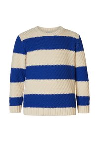Sweter z dzianiny z niebieskimi i kremowymi poziomymi paskami. Teksturowany materiał z okrągłym dekoltem oraz prążkowanymi mankietami i dołem.