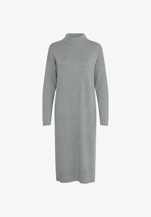 Šedé pletené šaty s vysokým ribovaným výstrihom, dlhými rukávmi a voľným strihom, dosahujúcim po polovicu lýtok, s hladkou textúrou.