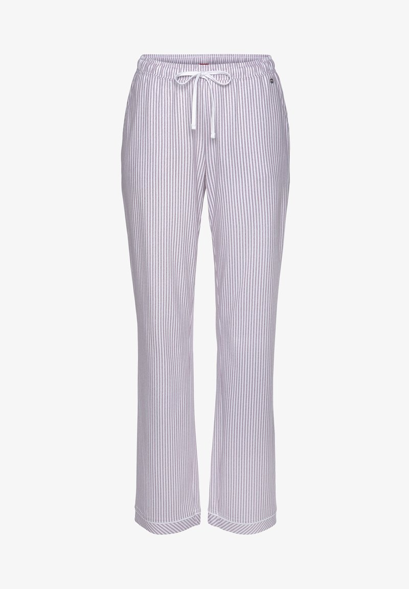Pantalones de algodón con cintura ajustable, con rayas verticales en lavanda y blanco, diseño de pierna recta y dobladillos con puños.
