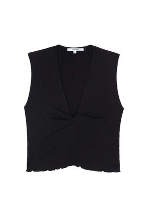 Czarny top bez rękawów z dekoltem w serek, z przodem w formie skręconego detalu i falbaniastym dolnym brzegiem. Teksturowana tkanina w luźnym kroju.