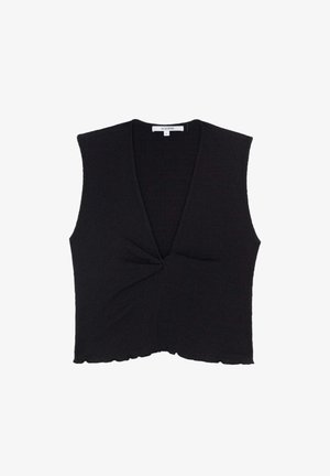 Top senza maniche nero con scollo a V, caratterizzato da un dettaglio anteriore attorcigliato e un bordo inferiore ondulato. Tessuto testurizzato con vestibilità ampia.
