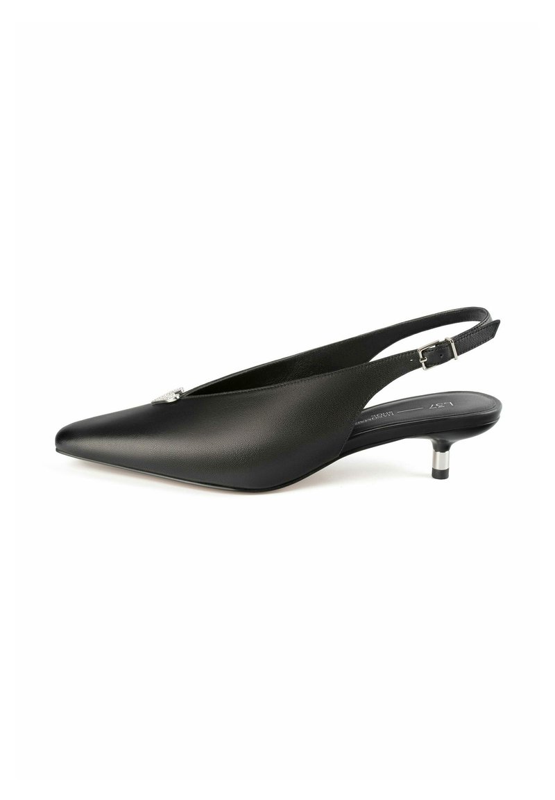 Black leather slingback shoe with a pointed toe, low kitten heel, and a buckle strap. Features a sleek, smooth texture on the upper.