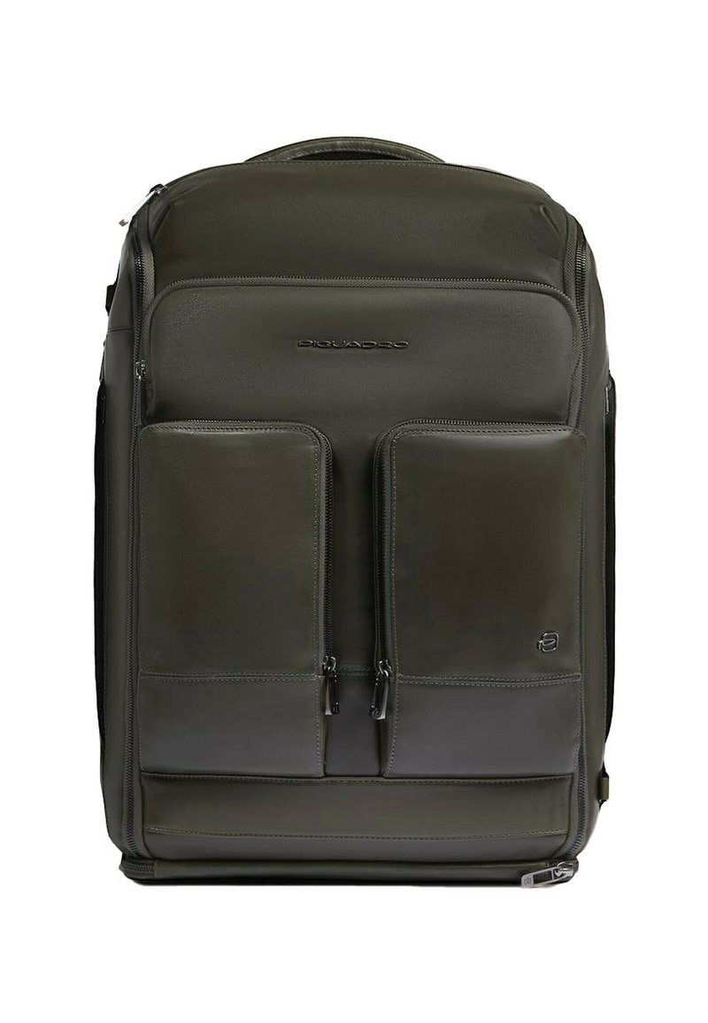 Zaino in pelle verde con due tasche frontali con cerniera e una texture liscia. Include una maniglia superiore e dettagli con cuciture rinforzate.