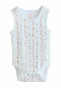 Valge varrukateta ühes tükis beebiriide, millel on roosade lillede ja roheliste lehtedega lilleline muster, valmistatud pehmest kangast, allosas vajutatava sulgemiskohaga.