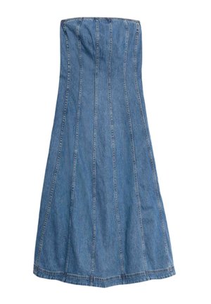 Stropeløs denimkjole i lyseblå, med lodrette sømme, en svajet A-formet silhuet og en glat tekstur.