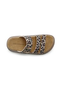 Leopard print slide sandal with three adjustable straps, featuring a cushioned footbed and a textured brown sole. Buckle accent included.