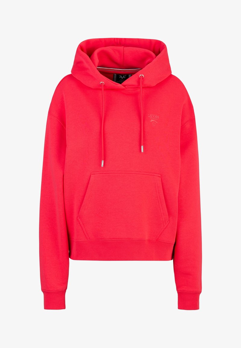 Haut à capuche rouge en coton doux, avec une poche avant, un cordon de serrage ajustable et des poignets côtelés. Logo brodé près du col.