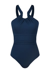 Costume da bagno intero blu navy realizzato con tessuto testurizzato, scollatura asimmetrica, spalline larghe e dettagli arricciati in vita per dare forma e supporto.