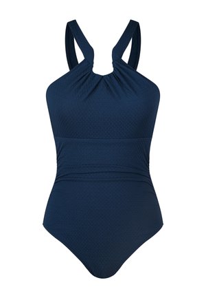 Maillot de bain une pièce bleu marine avec un tissu texturé, décolleté asymétrique, larges bretelles et détails froncés à la taille pour apporter forme et soutien.