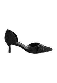 Chaussure noire en daim à bout pointu avec un petit talon, présentant un détail de boucle décoratif sur le devant et un design à dos ouvert.