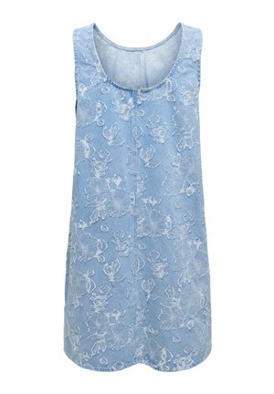 Mouwloze lichtblauwe jurk met gestructureerde bloemmotieven en een ronde hals, plat uitgestald op een witte achtergrond.