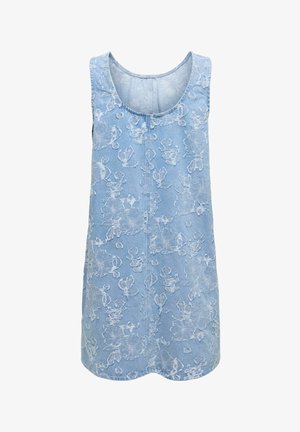 Robe sans manches bleu clair avec motifs floraux texturés et encolure dégagée, présentée à plat sur un fond blanc.