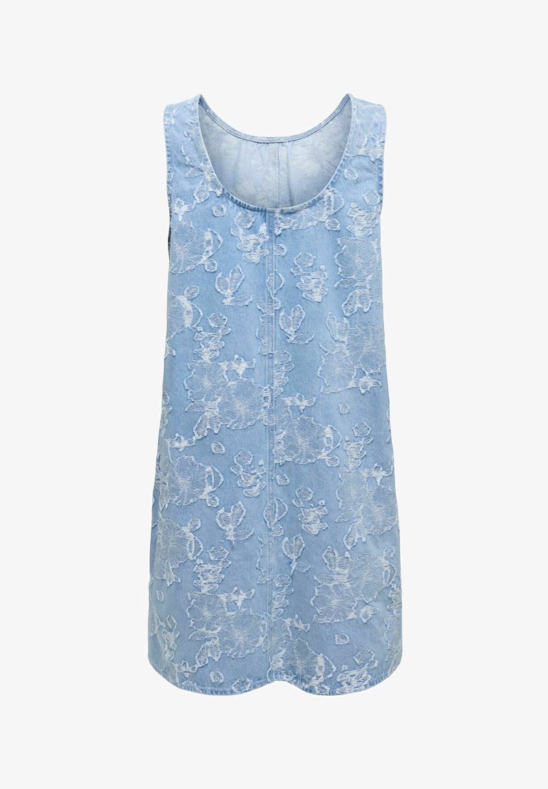 Robe sans manches bleu clair avec motifs floraux texturés et encolure dégagée, présentée à plat sur un fond blanc.