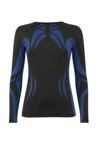 Schwarzes langärmeliges Sportshirt mit blauen Akzentmustern und strukturiertem Stoff, mit einer figurbetonten Silhouette und Raglanärmeln.