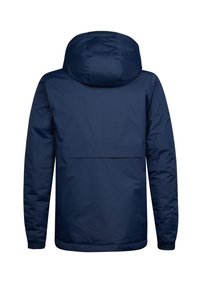 Marineblaue Kapuzenjacke, leichtes Material, reguläre Passform, elastische Bündchen und Rückenschlitz-Akzent. Glatte Textur mit einem schlichten Design.