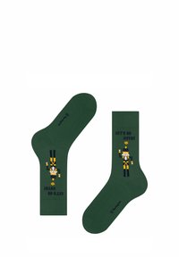 Zielone skarpetki z animowanym wzorem przedstawiającym dziadka do orzechów. Napis "ZROBIJMY TO SZALONIE!" w kolorze niebieskim. Materiał mieszanki bawełnianej, gładka tekstura.