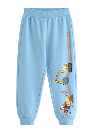 Světle modré teplákové kalhoty z měkké látky s grafikou stavebního tématu na boku a ilustracemi žlutých a červených vozidel.