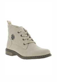 Bottines beigées avec une surface texturée lisse, bout rond, design à lacets et un logo décoratif sur le côté. Semelle robuste.