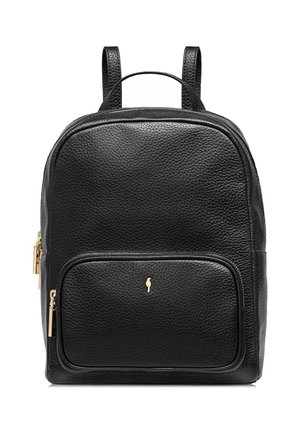 Czarny plecak z fakturowanej skóry z przednią kieszenią na zamek, złotymi suwakami, górnym uchwytem i dwoma regulowanymi paskami na ramiona.