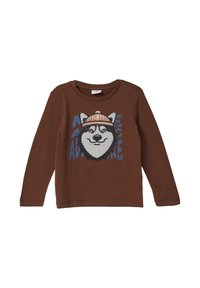 Brązowa koszulka z długim rękawem z grafiką husky w dzierganej czapce oraz niebieskim napisem "Adventure" w zabawnym kroju pisma.