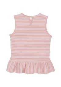 Różowa i biała bluzka bez rękawów w paski z falbaniastym dołem i zapięciem na guzik w kształcie dziurki z tyłu. Miękka bawełniana tkanina, casualowy design.