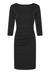 Robe noire ajustée à manches trois-quarts. Détail d'encolure bateau et légères fronces à la taille. Texture lisse, longueur mi-cuisse.