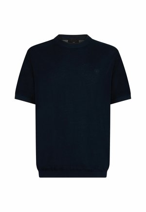 Pull en maille bleu marine à manches courtes avec col rond et logo brodé discret sur la poitrine gauche.