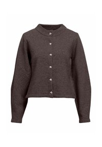 Cardigan court en mélange de laine marron avec un col montant, des manches longues et six boutons métalliques sur le devant, présentant une texture douce.