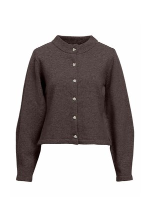 Brązowy sweter o krótkim kroju z mieszanki wełny, z wysokim kołnierzem, długimi rękawami i sześcioma metalowymi guzikami z przodu, o miękkiej teksturze.